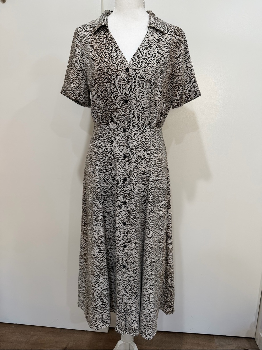 Mango Speckled Black & Cream Button-Front Midi Dress